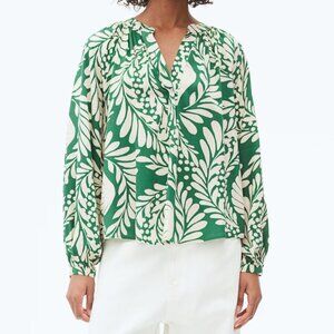 NWT H&M Balloon Sleeve Blouse Green Ivory Print Small